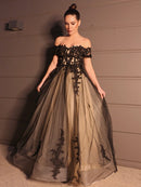 A-Line/Princess Tulle Applique Off-the-Shoulder Short Sleeves Floor-Length Wedding Dresses