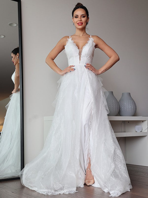 A-Line/Princess Lace Ruffles V-neck Sleeveless Sweep/Brush Train Wedding Dresses