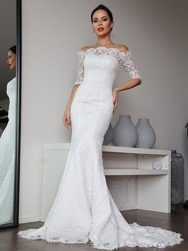 Sheath/Column Lace Ruffles Off-the-Shoulder 1/2 Sleeves Sweep/Brush Train Wedding Dresses