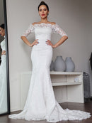 Sheath/Column Lace Ruffles Off-the-Shoulder 1/2 Sleeves Sweep/Brush Train Wedding Dresses