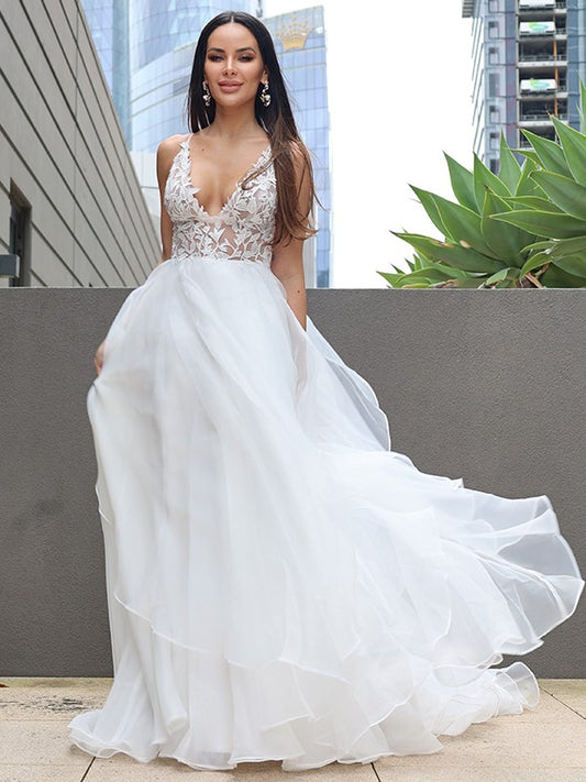 A-Line/Princess Lace Ruffles V-neck Sleeveless Sweep/Brush Train Wedding Dresses