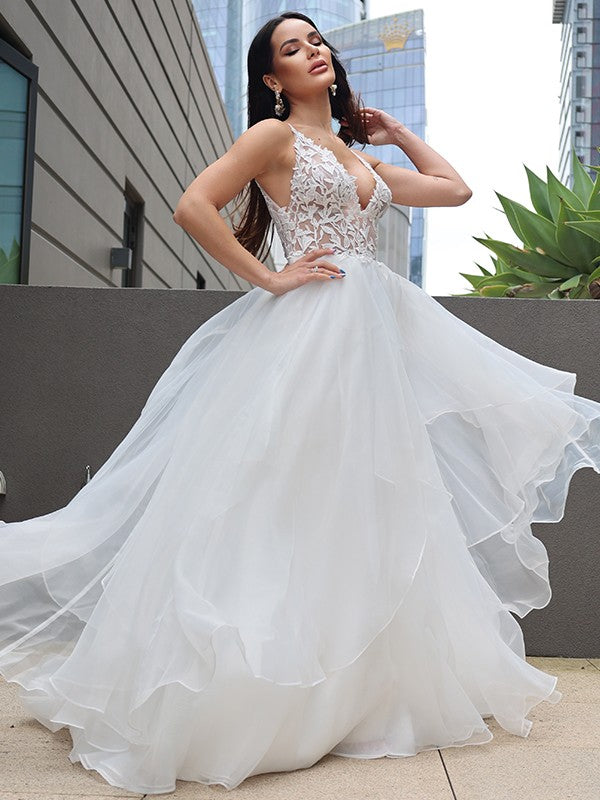 A-Line/Princess Lace Ruffles V-neck Sleeveless Sweep/Brush Train Wedding Dresses