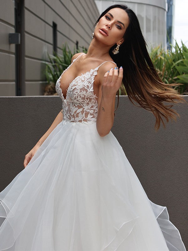 A-Line/Princess Lace Ruffles V-neck Sleeveless Sweep/Brush Train Wedding Dresses