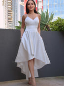 A-Line/Princess Satin Ruched V-neck Sleeveless Asymmetrical Wedding Dresses