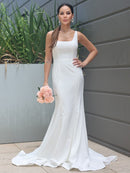 Sheath/Column Stretch Crepe Ruffles Straps Sleeveless Sweep/Brush Train Wedding Dresses