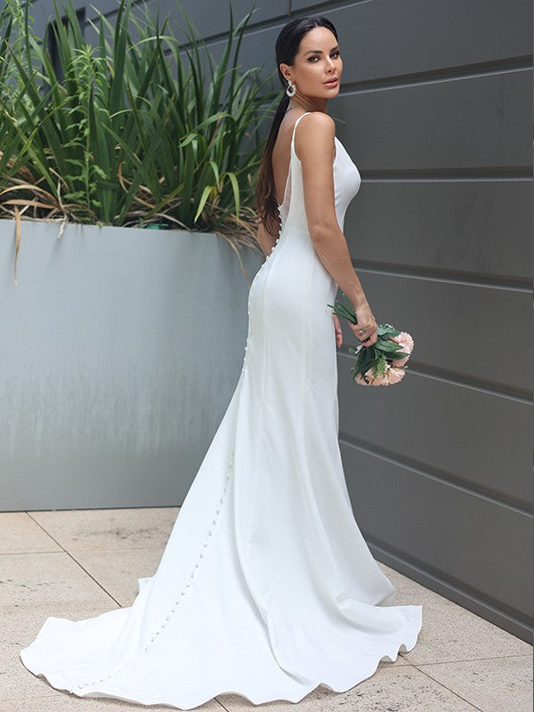 Sheath/Column Stretch Crepe Ruffles Straps Sleeveless Sweep/Brush Train Wedding Dresses