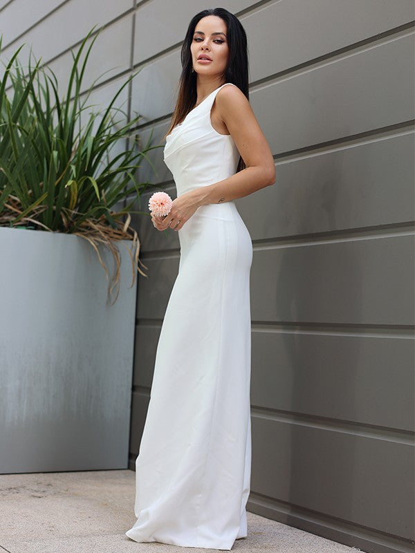 Sheath/Column Stretch Crepe Ruched Straps Sleeveless Floor-Length Wedding Dresses