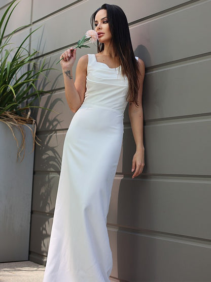 Sheath/Column Stretch Crepe Ruched Straps Sleeveless Floor-Length Wedding Dresses