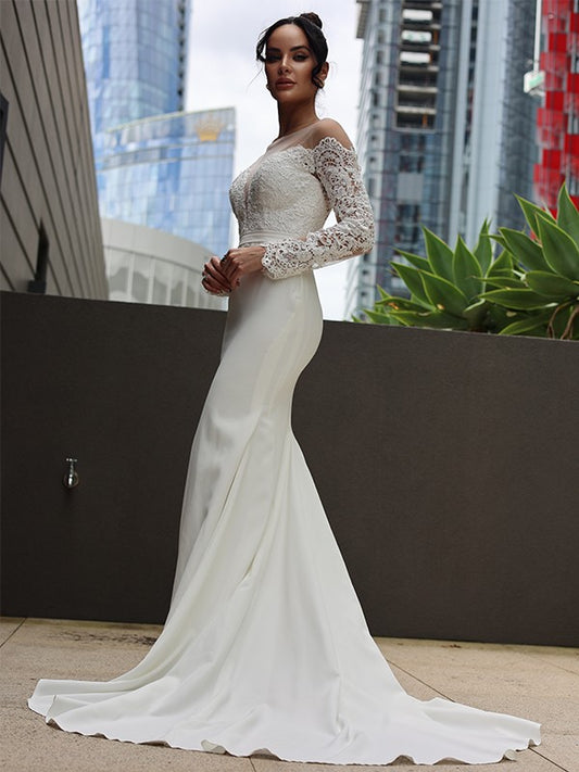 Sheath/Column Stretch Crepe Lace Scoop Long Sleeves Sweep/Brush Train Wedding Dresses