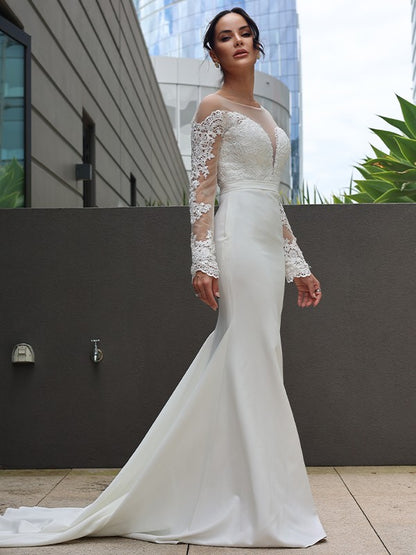 Sheath/Column Stretch Crepe Lace Scoop Long Sleeves Sweep/Brush Train Wedding Dresses