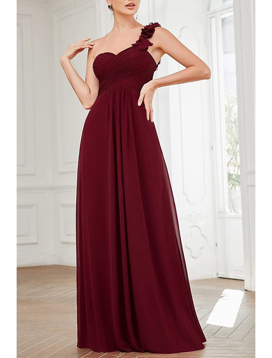 A-Line Bridesmaid Dress One Shoulder Sleeveless Open Back Floor Length Chiffon with Pleats