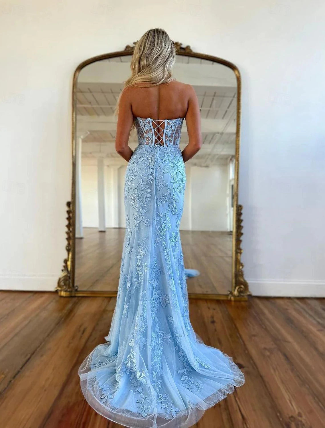 Mermaid / Trumpet Glittering Dress Sleeveless Strapless Lace Backless Prom Dresses with Appliques Fall November December Wedding Guest Dress