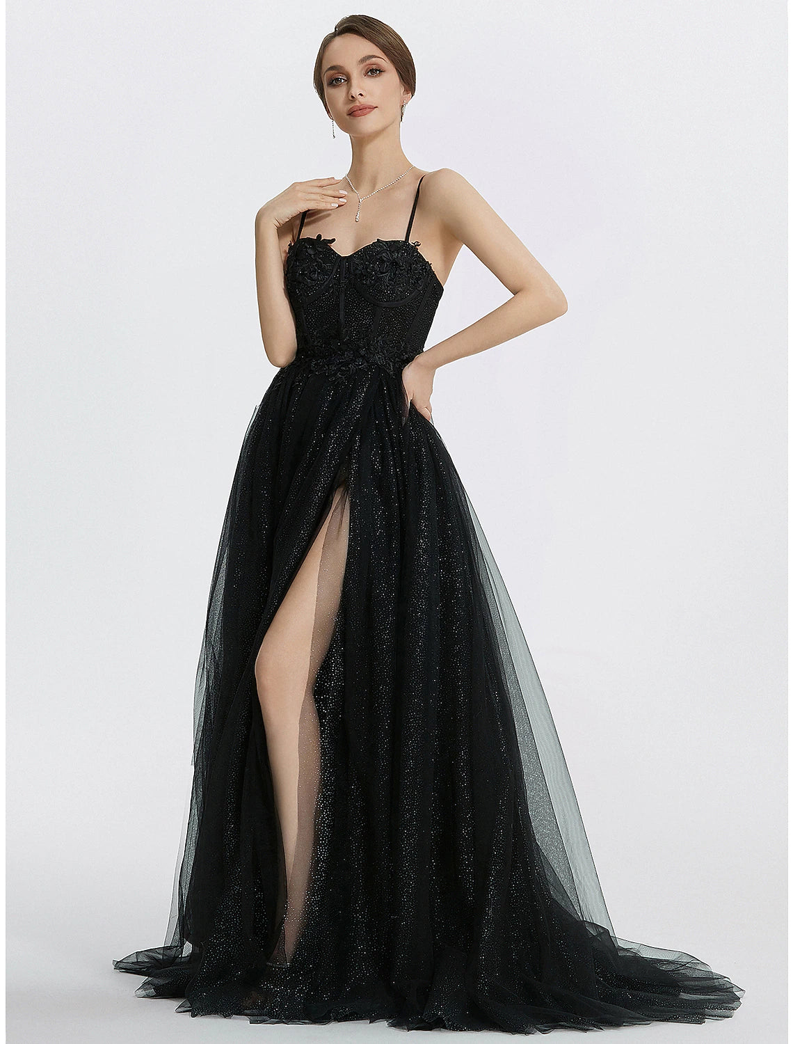 A-Line Prom Dresses Glittering Dress Masquerade photoshoot Floor Length Sleeveless Sweetheart Tulle with Appliques