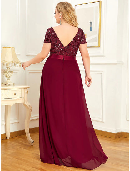 A-Line Plus Size Elegant Homecoming Formal Evening Dress Jewel Neck Short Sleeve Asymmetrical Chiffon with Sequin