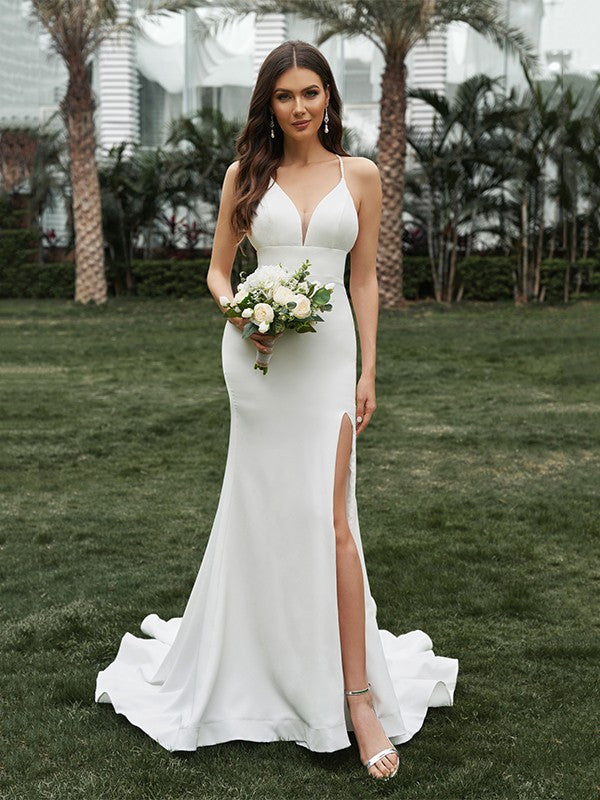 Sheath/Column Stretch Crepe Ruffles Halter Sleeveless Sweep/Brush Train Wedding Dresses