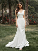 Sheath/Column Sleeveless Stretch Crepe V-neck Ruffles Sweep/Brush Train Wedding Dresses