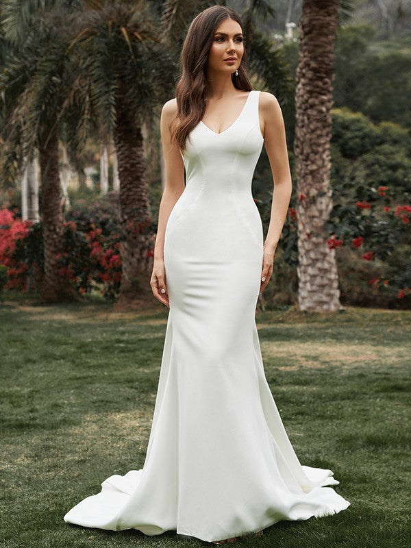 Sheath/Column Sleeveless Stretch Crepe V-neck Ruffles Sweep/Brush Train Wedding Dresses