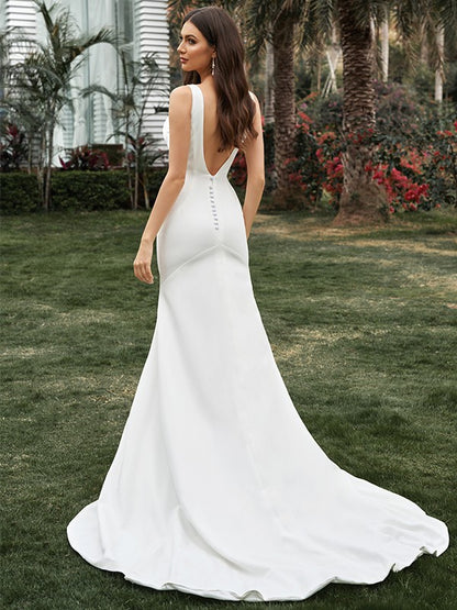 Sheath/Column Sleeveless Stretch Crepe V-neck Ruffles Sweep/Brush Train Wedding Dresses