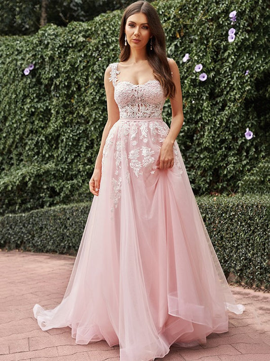 A-Line/Princess Tulle Applique Straps Sleeveless Sweep/Brush Train Wedding Dresses