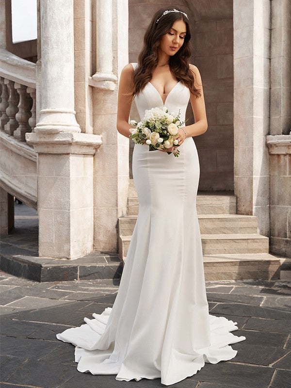 Trumpet/Mermaid Stretch Crepe V-neck Ruffles Sleeveless Chapel Train Wedding Dresses