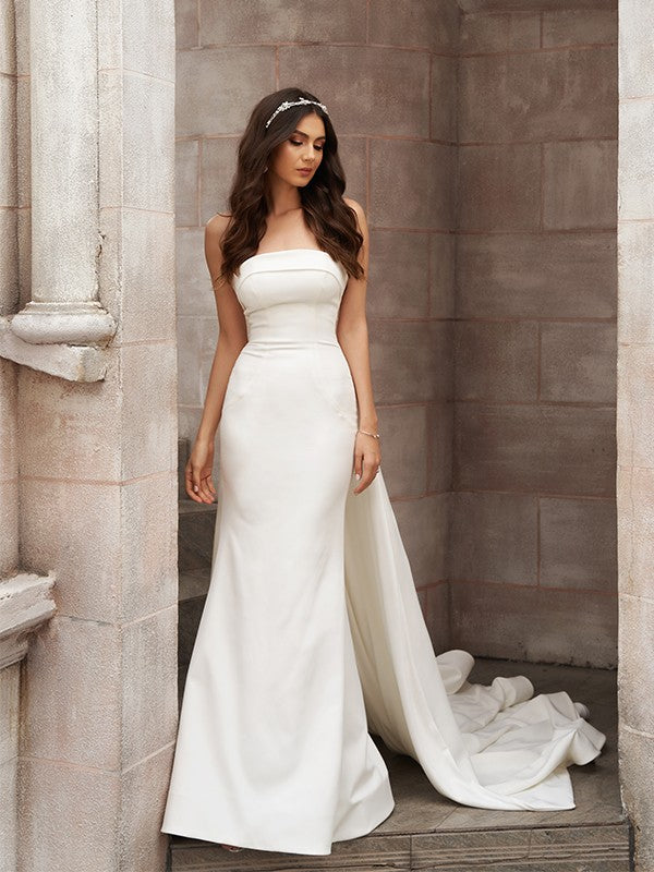 Sheath/Column Stretch Crepe Ruched Strapless Sleeveless Court Train Wedding Dresses