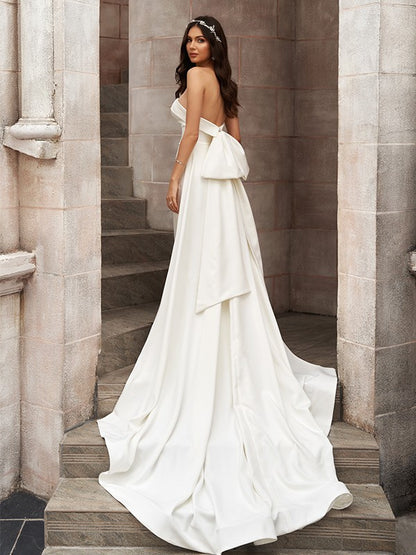 Sheath/Column Stretch Crepe Ruched Strapless Sleeveless Court Train Wedding Dresses