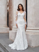 Trumpet/Mermaid Tulle Applique Scoop Long Sleeves Sweep/Brush Train Wedding Dresses