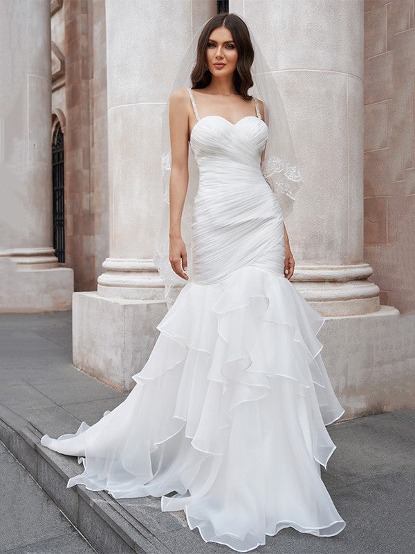 Trumpet/Mermaid Layers Spaghetti Straps Organza Sleeveless Sweep/Brush Train Wedding Dresses