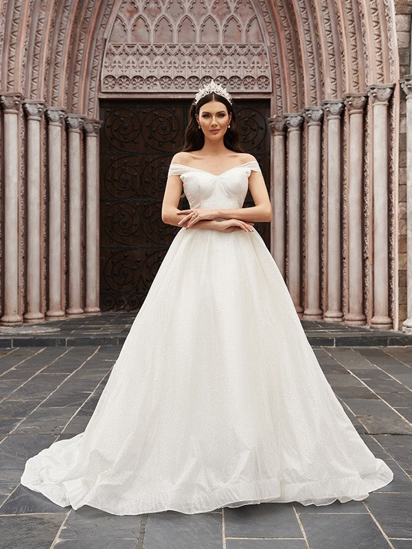 Ball Gown Tulle Ruched Off-the-Shoulder Sleeveless Court Train Wedding Dresses