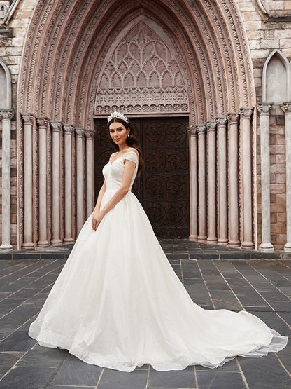 Ball Gown Tulle Ruched Off-the-Shoulder Sleeveless Court Train Wedding Dresses