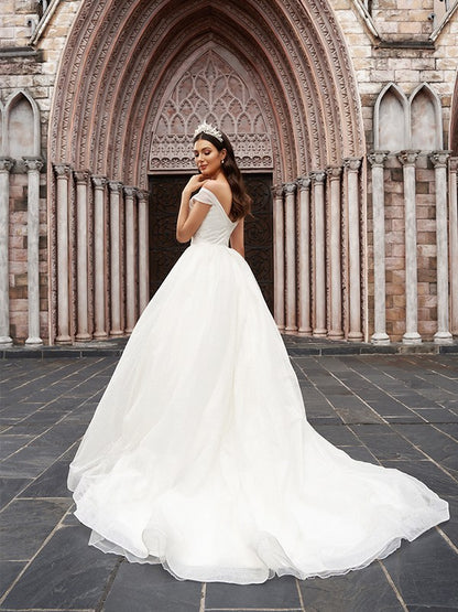 Ball Gown Tulle Ruched Off-the-Shoulder Sleeveless Court Train Wedding Dresses