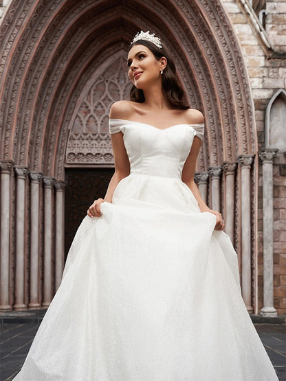 Ball Gown Tulle Ruched Off-the-Shoulder Sleeveless Court Train Wedding Dresses