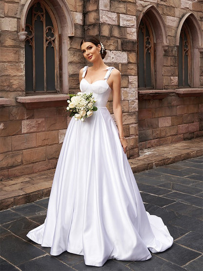 A-Line/Princess Satin Ruffles Straps Sleeveless Sweep/Brush Train Wedding Dresses