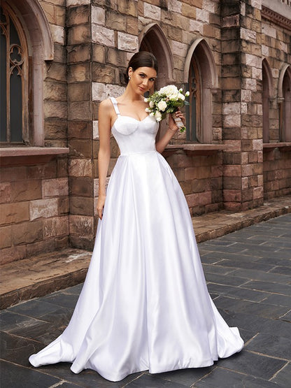 A-Line/Princess Satin Ruffles Straps Sleeveless Sweep/Brush Train Wedding Dresses