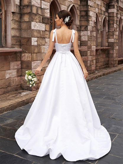 A-Line/Princess Satin Ruffles Straps Sleeveless Sweep/Brush Train Wedding Dresses