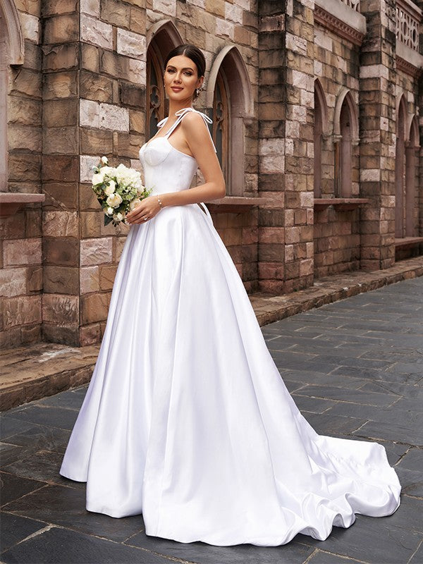 A-Line/Princess Satin Ruffles Straps Sleeveless Sweep/Brush Train Wedding Dresses