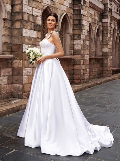 A-Line/Princess Satin Ruffles Straps Sleeveless Sweep/Brush Train Wedding Dresses