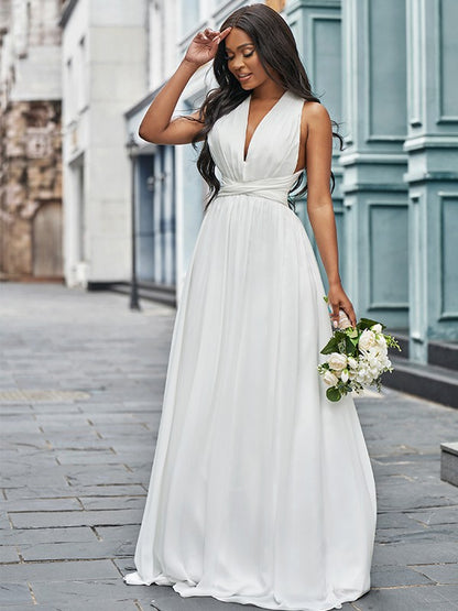 A-Line/Princess Chiffon Halter Ruched Sleeveless Floor-Length Wedding Dresses