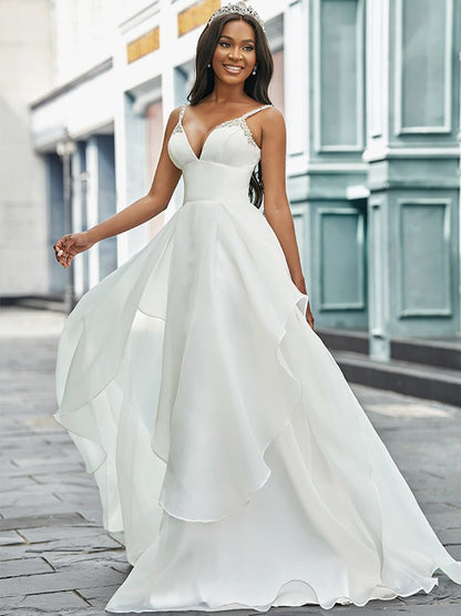 A-Line/Princess V-neck Organza Sleeveless Beading Sweep/Brush Train Wedding Dresses