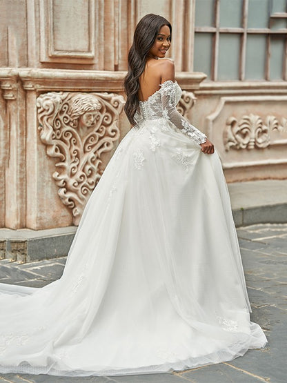 A-Line/Princess Tulle Applique Off-the-Shoulder Long Sleeves Sweep/Brush Train Wedding Dresses