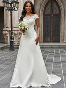 A-Line/Princess Scoop Satin Lace Sleeveless Chapel Train Wedding Dresses