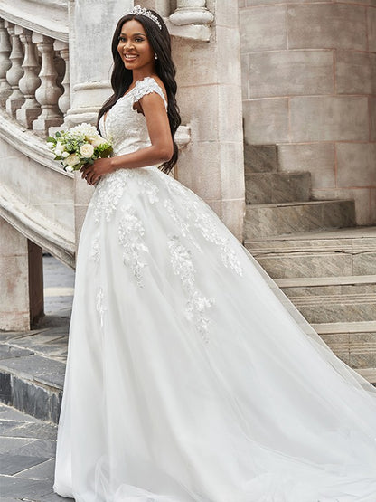 A-Line/Princess Tulle V-neck Applique Sleeveless Sweep/Brush Train Wedding Dresses