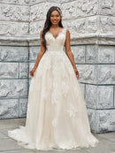 A-Line/Princess Tulle Applique V-neck Sleeveless Sweep/Brush Train Wedding Dresses