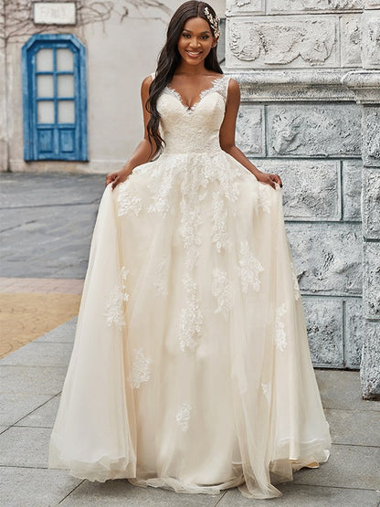 A-Line/Princess Tulle Applique V-neck Sleeveless Sweep/Brush Train Wedding Dresses