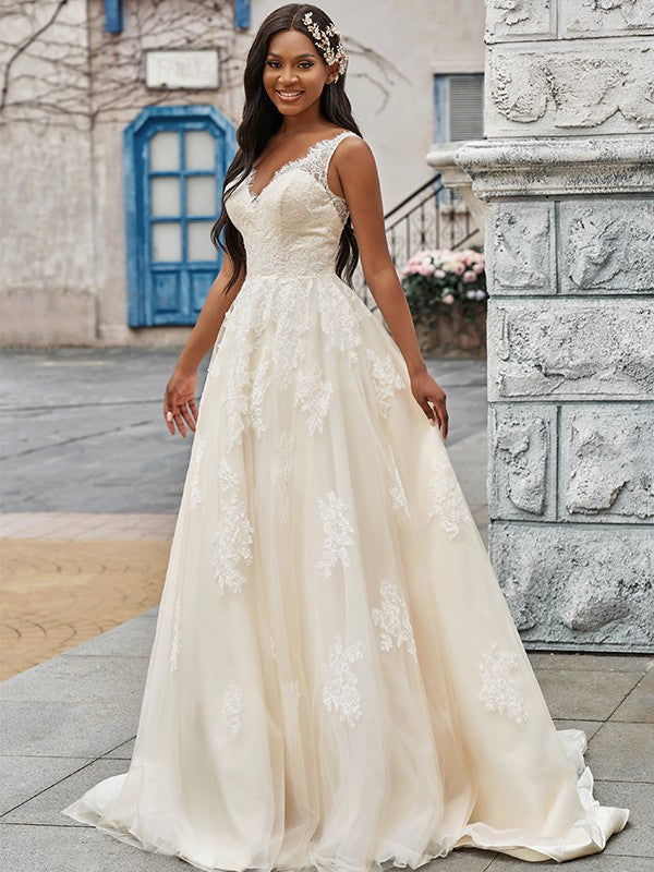 A-Line/Princess Tulle Applique V-neck Sleeveless Sweep/Brush Train Wedding Dresses