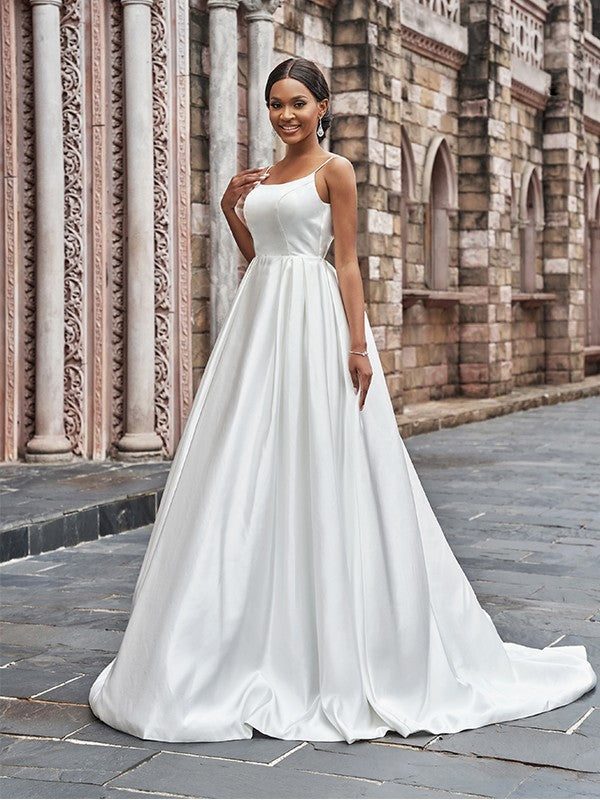 A-Line/Princess Satin Spaghetti Straps Ruffles Sleeveless Sweep/Brush Train Wedding Dresses