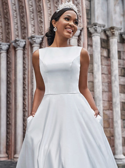 A-Line/Princess Satin Bateau Ruffles Sleeveless Sweep/Brush Train Wedding Dresses