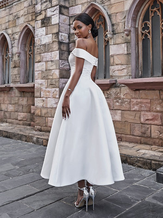A-Line Off the Shoulder Satin Ankle Length Wedding Dress with Flowers main image 1