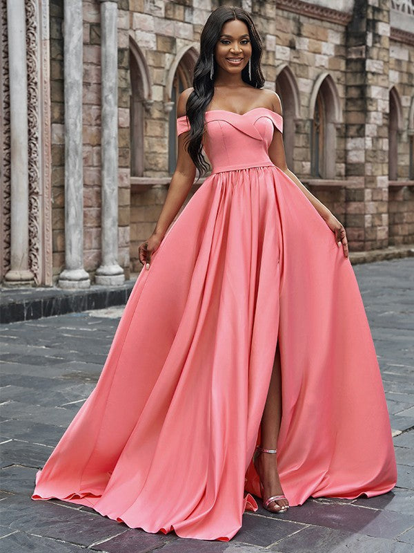 A-Line/Princess Satin Sleeveless Ruffles Off-the-Shoulder Court Train Dresses