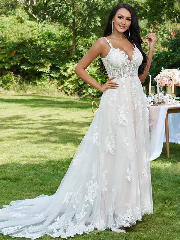 A-Line/Princess Lace Applique V-neck Sleeveless Sweep/Brush Train Wedding Dresses